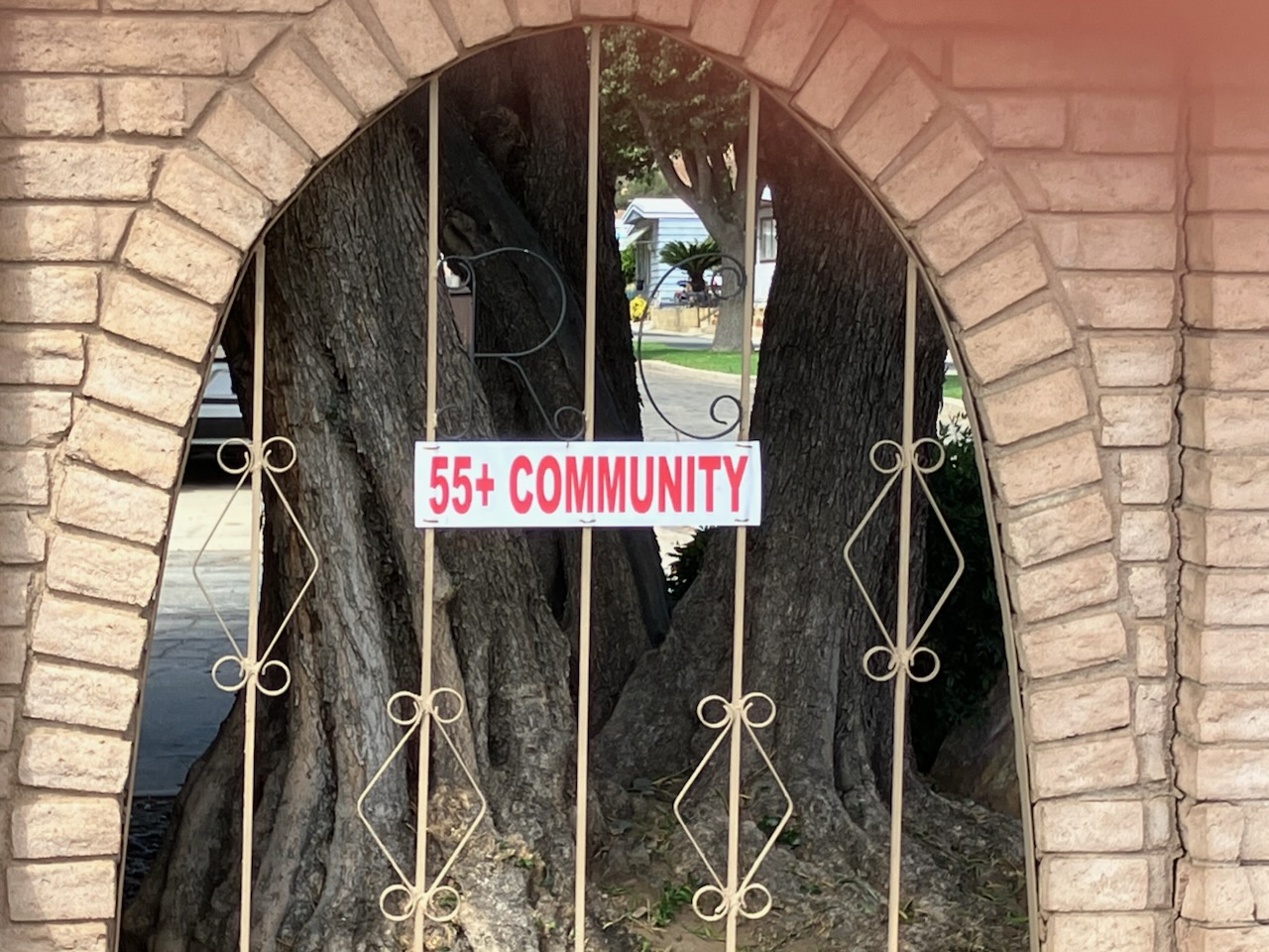 The brick entrance arch with its wrought-iron gate and the 55+ community sign.